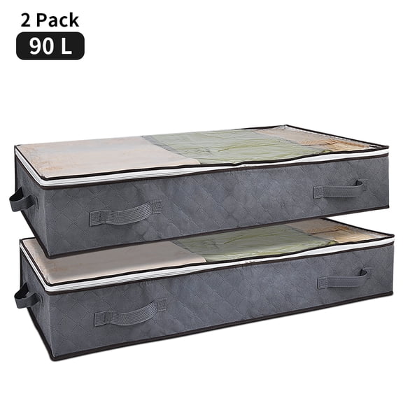 Koovon Under Bed Storage Bags with Zips, 90L Underbed Storage Containers, Foldable Clothes Storage Organizers for Duvets, Comforters, Bedding, Blankets, Quilts, 2 Pack Gray, 40" x 20" x 7"