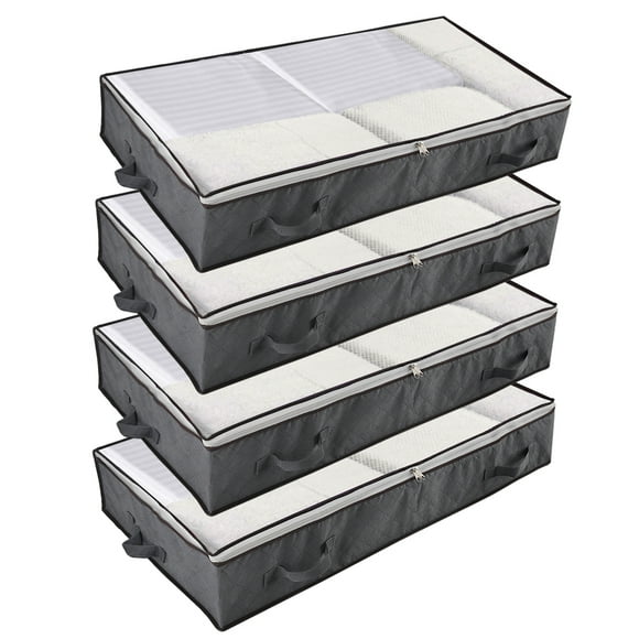 Koovon Under Bed Storage Bags with Zips, 90L Underbed Storage Containers, Foldable Clothes Storage Organizers for Duvets, Comforters, Bedding, Blankets, Quilts, 4 Pack Gray