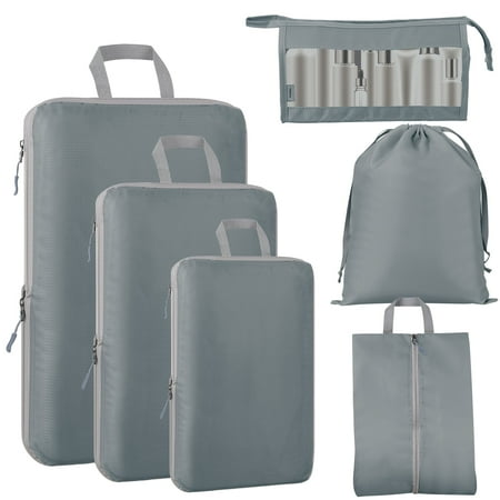 Koovon Compression Packing Cubes for Suitcase, 6 Set Luggage Packing Organizers Durable Packing Cubes with Laundry Bag and Shoe Bags, Gray