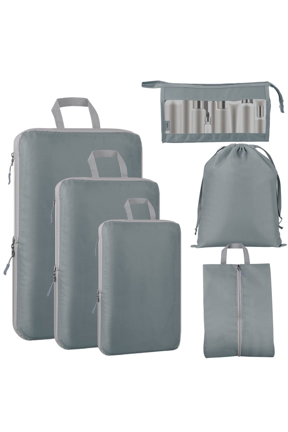 Compression Packing Cubes for Suitcase, 6 Set Luggage Packing Organizers Durable Packing Cubes with Laundry Bag and Shoe Bags, Gray