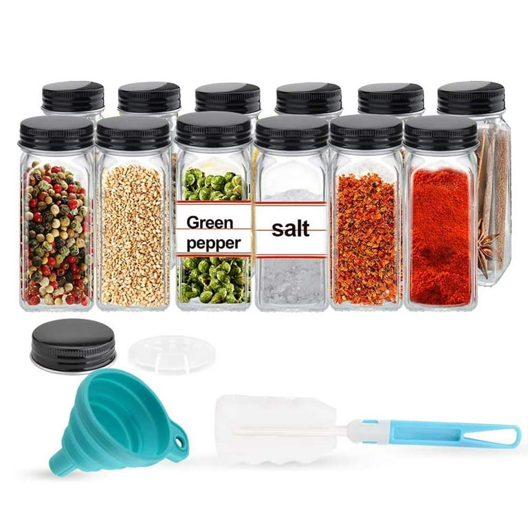 Koovon Glass Spice Jars with Airtight Screw-On Covers Shaker Lids Brush Labels Collapsible Silicone Funnel, 4oz Empty Square Spice Containers, Set of