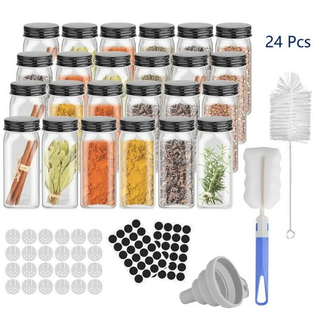 Koovon Glass Spice Jars with Airtight Screw-on Covers Shaker Lids Brush Labels Collapsible Silicone Funnel, 4oz Empty Square Spice Containers, Set of 24