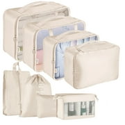 Koovon Packing Cubes for Travel, 8Pcs Travel Cubes Set Foldable Suitcase Organizer Lightweight Luggage Storage Bag, Beige