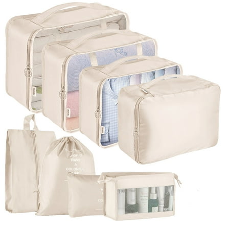 Koovon Packing Cubes for Travel, 8Pcs Travel Cubes Set Foldable Suitcase Organizer Lightweight Luggage Storage Bag, Beige