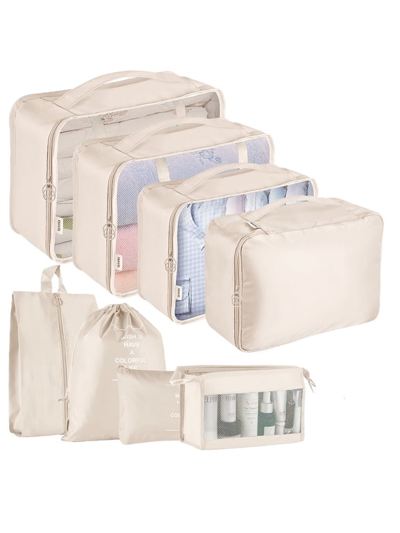 Packing Cubes for Travel, 8Pcs Travel Cubes Set Foldable Suitcase Organizer Lightweight Luggage Storage Bag, Beige