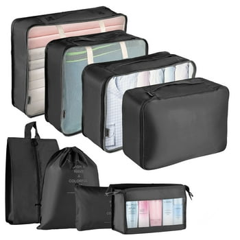 Koovon Packing Cubes for Travel, 8Pcs Travel Cubes Set Foldable Suitcase Organizer Lightweight Luggage Storage Bag, Black