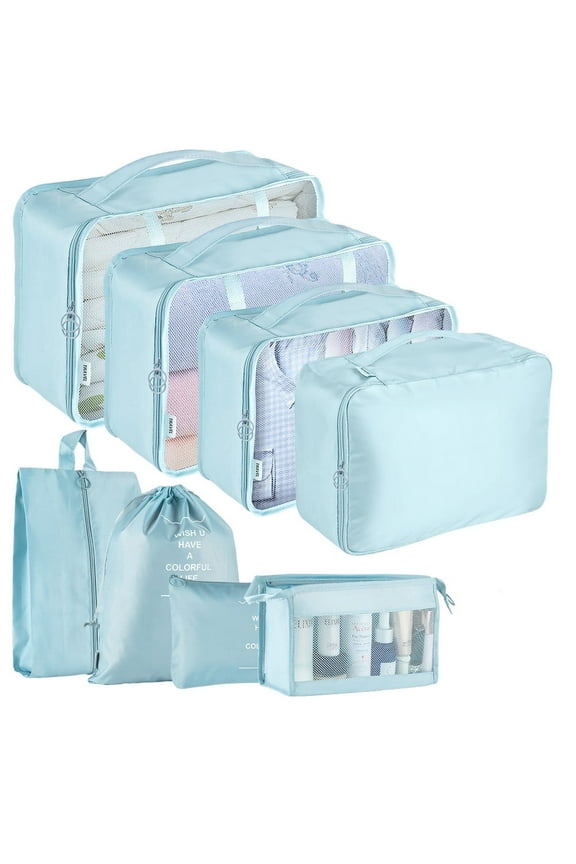 Packing Cubes for Travel, 8Pcs Travel Cubes Set Foldable Suitcase Organizer Lightweight Luggage Storage Bag, Blue