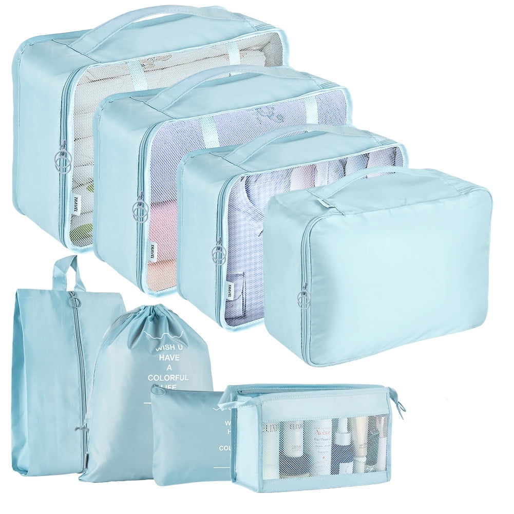Koovon 8Pcs Travel Packing Cubes Set, Foldable Suitcase Organizer for Clothes, Blue  (图1)