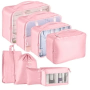 Koovon Packing Cubes for Travel, 8Pcs Travel Cubes Set Foldable Suitcase Organizer Lightweight Luggage Storage Bag, Pink