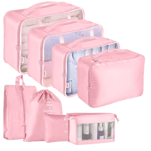 Koovon Packing Cubes for Travel, 8Pcs Travel Cubes Set Foldable Suitcase Organizer Lightweight Luggage Storage Bag, Pink