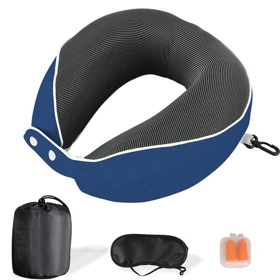 Koovon Travel Pillow, Memory Foam Travel Neck Pillow, 360° Ergonomic Support Function for Travel with Pillow, Mask, Earplugs, Storage Bag Blue