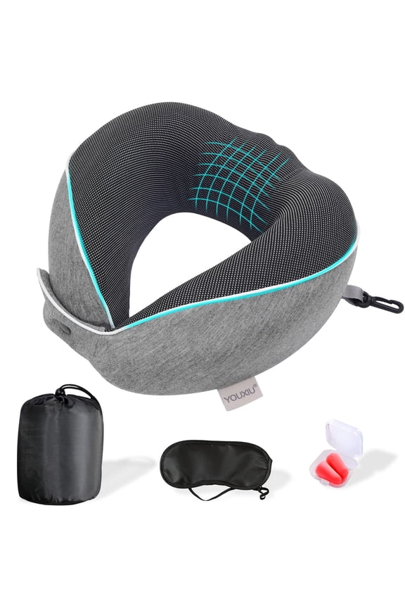 Travel Pillow, Memory Foam Travel Neck Pillow, 360 Ergonomic Support Function for Travel with Pillow, Mask, Earplugs, Storage Bag
