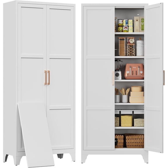 Kooyon 74.8" White Tall Kitchen Pantry Storage Cabinet with Magnetic Closing Doors, Freestanding Steel Utility Cupboard with 5 Adjustable Shelves, Anti-Tip Tall Storage Unit for Kitchen, Home Office