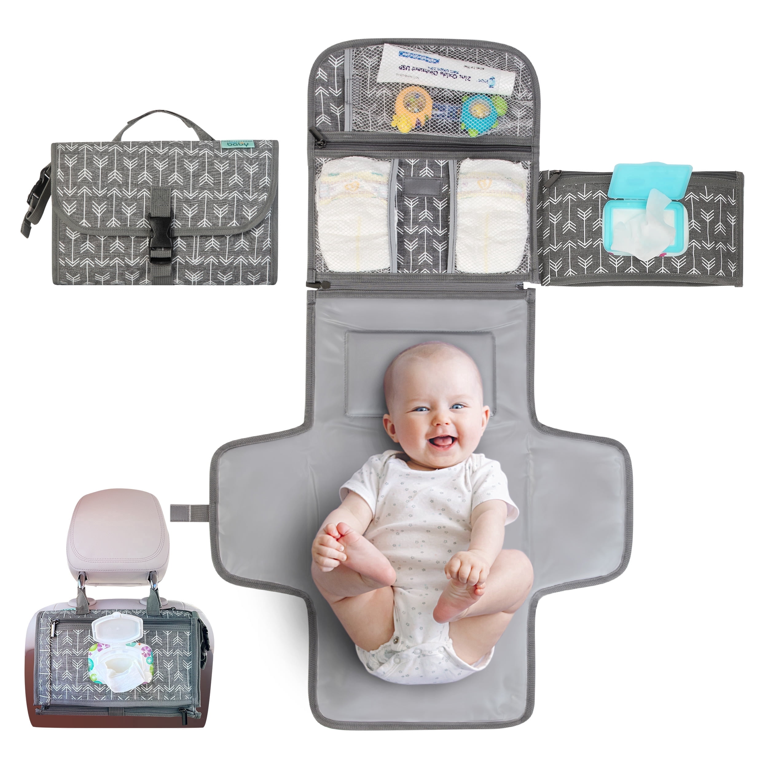 Kopi Baby Portable Diaper Changing Pad Travel Bag with Built-In Pillow, Reversible Wipes Pocket, Foldable Changing Mat, Gray Arrow, Premium