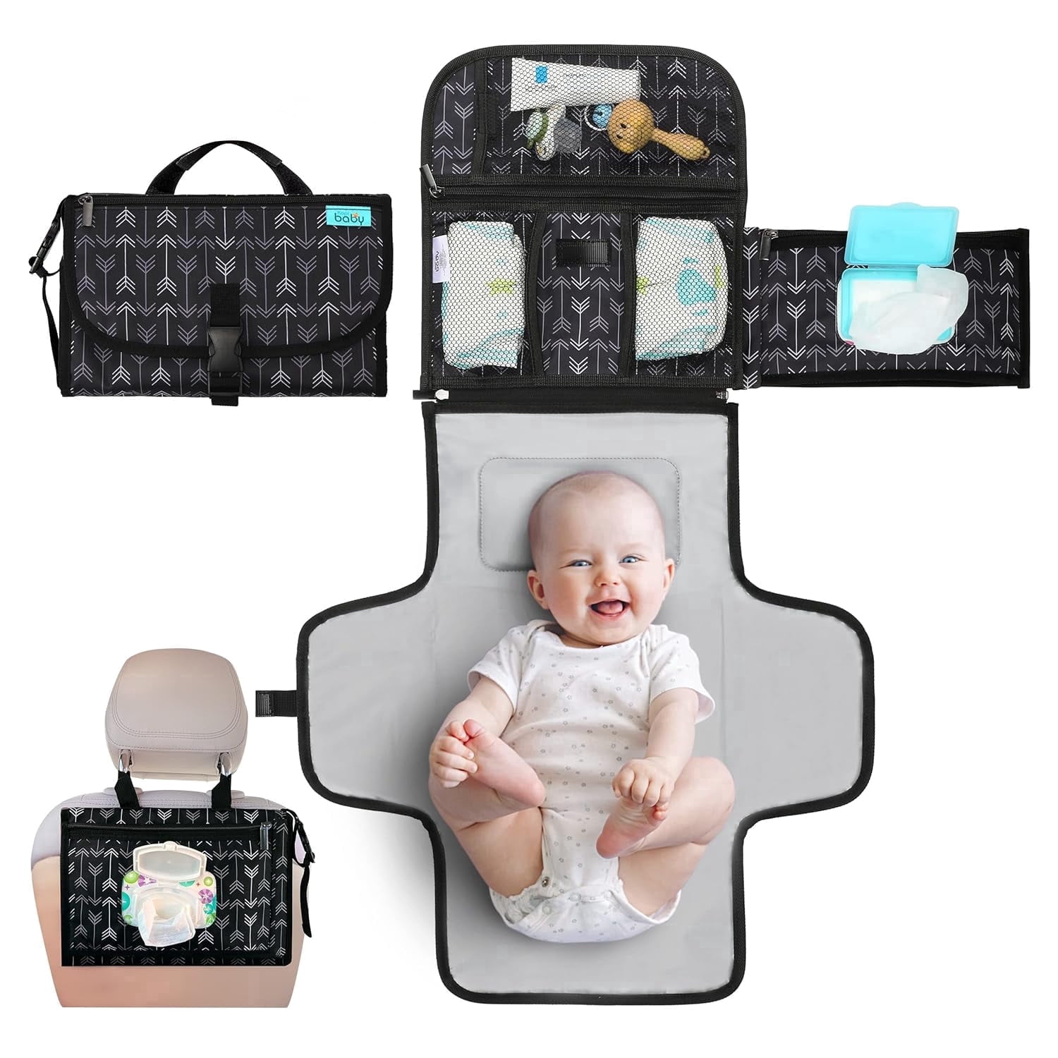 Kopi Baby Portable Diaper Changing Pad Travel Bag with Built-In Pillow, Reversible Wipes Pocket, Foldable Changing Mat, Black Arrow, Premium