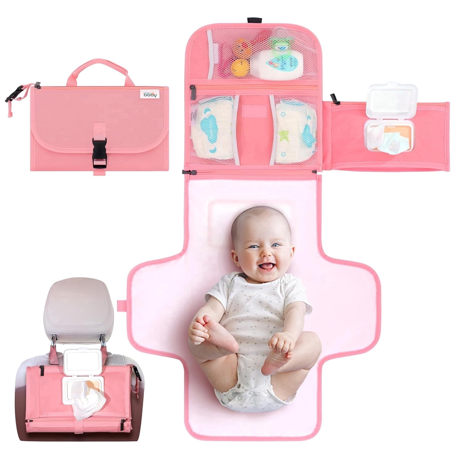 Kopi Baby Portable Diaper Changing Pad Travel Bag with Built-In Pillow, Reversible Wipes Pocket, Foldable Changing Mat, Pink, Premium