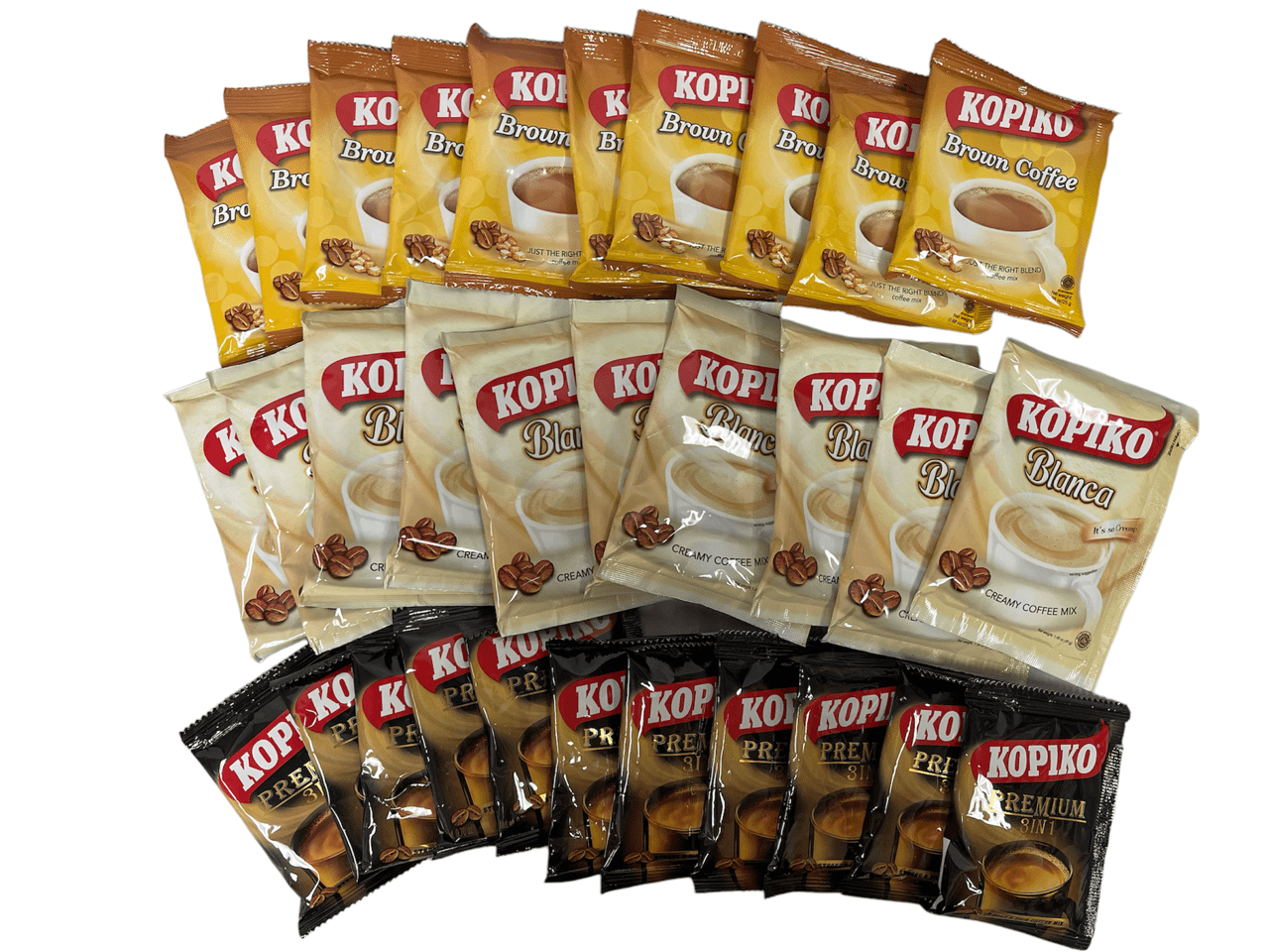 Kopiko 3 in 1 Instant Coffee Mix Combo of Brown Coffee, Blanca and Premium;  10 Single Serving Each Total 30 Sachets.