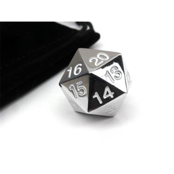 Koplow 22 mm Zinc Metal Alloy Countdown D20 Dice with Black Bag- Silver & White Numbers