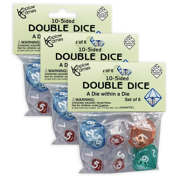 KOPLOW GAMES 10-Sided Double Dice Set, 6 Per Pack, 3 Packs