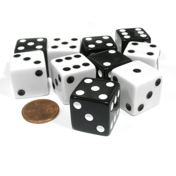 Koplow Games Set of 10 Large Six Sided Square Opaque 19mm D6 Dice - 5 Black and 5 White Die #02084