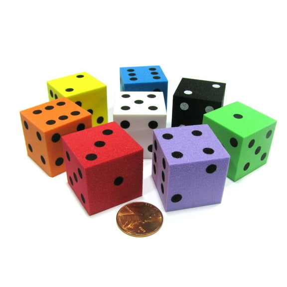Koplow Games Set of 8 D6 Large 25mm Foam Dice-Black White Yellow Purple Green Orange Blue Red #15981