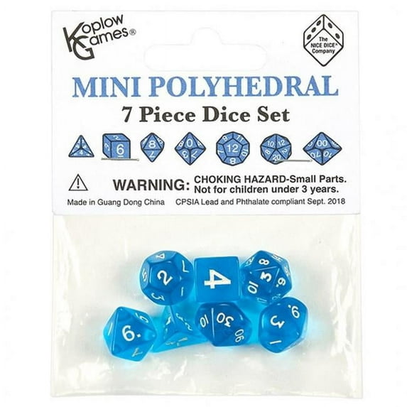 Koplow KPL19186 Mini Transparent Blue Dice with White Numbers - 7 Piece