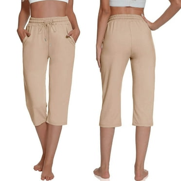 Kopltyrfg 2024 Summer Capri Pants for Women High Waisted Casual Drawstring Wide Leg Cropped Lounge Pants Pockets Khaki L