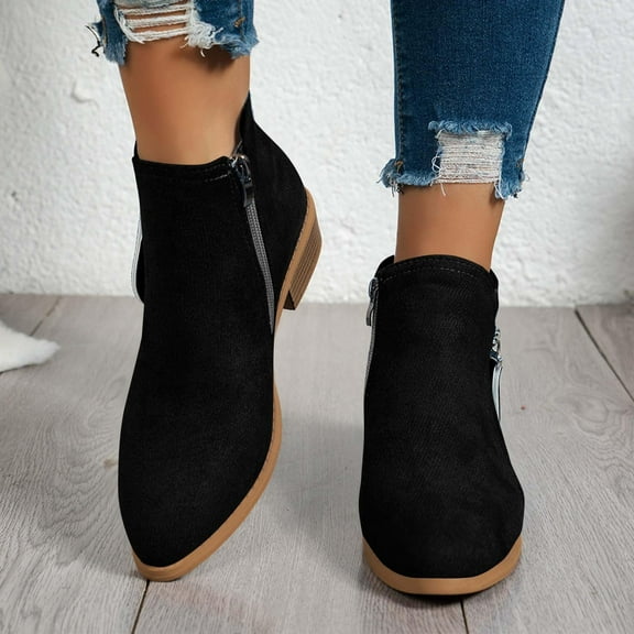 Kopltyrfg Ankle Booties For Women Comfy Suede Pointed Toe Western Boots Chunky Low Heel Slouchy Short Boot with Side Zipper (Black,39)
