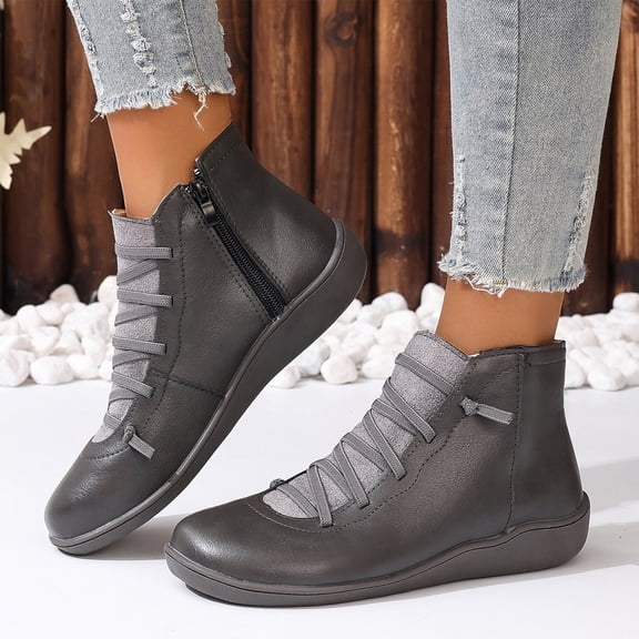 Kopltyrfg Ankle Booties for Women, Booties for Fall Winter 2025,Fashion Lace Up Side Zipper Vintage Retro Short Boots Flat Shoes Comfortable Walking Boots Low Heel Arch Support (Gray,43)