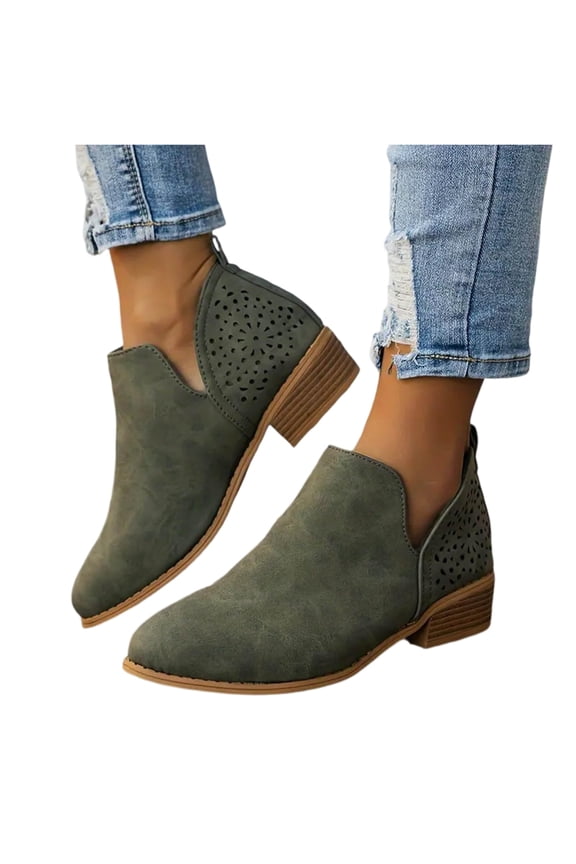 Ankle Booties for Women Low Heel V Cut Out Slip On Short Boots Chunky Stacked Heel Pointed Toe Cutout Western Booties Cutout Shoes (Army Green,43)