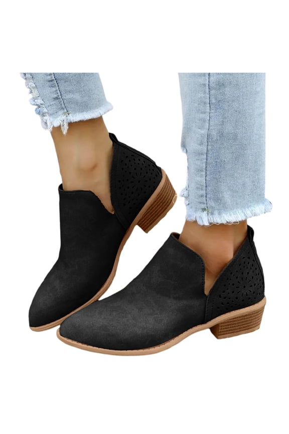 Ankle Booties for Women Low Heel V Cut Out Slip On Short Boots Chunky Stacked Heel Pointed Toe Cutout Western Booties Cutout Shoes (Black,37)