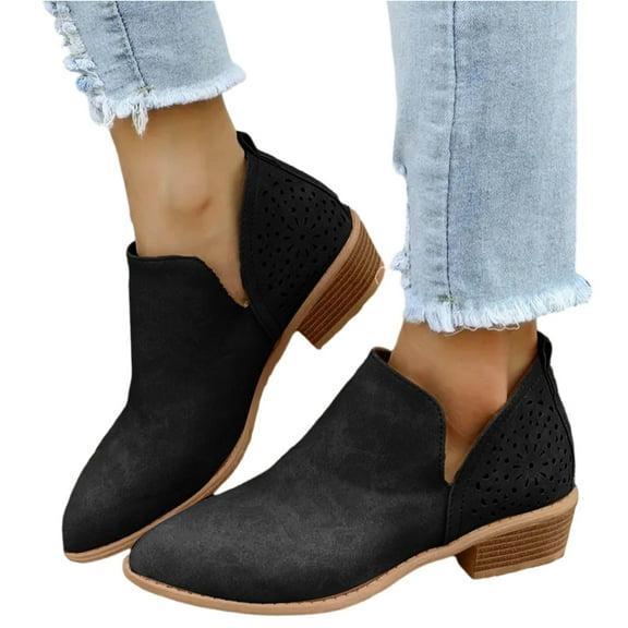 Kopltyrfg Ankle Booties for Women Low Heel V Cut Out Slip On Short Boots Chunky Stacked Heel Pointed Toe Cutout Western Booties Cutout Shoes (Black,38)