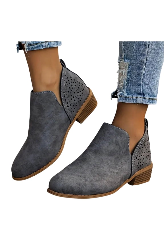 Ankle Booties for Women Low Heel V Cut Out Slip On Short Boots Chunky Stacked Heel Pointed Toe Cutout Western Booties Cutout Shoes (Gray,37)