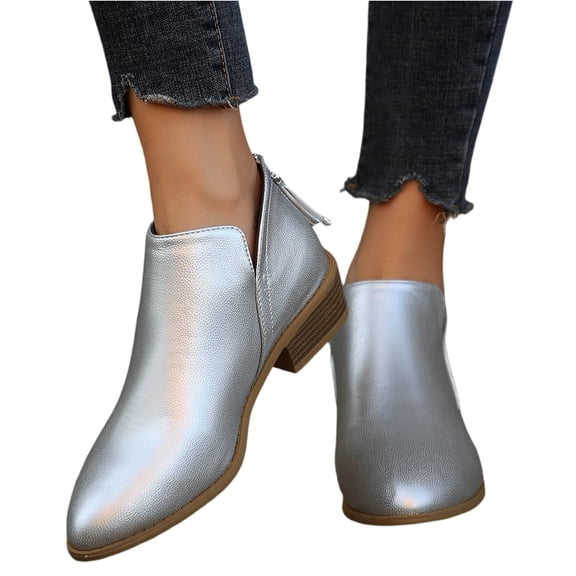 Kopltyrfg Ankle Booties for Women,Women's Casual Dress Low Heeled Booties. V Cut Fashion Thick Heel Design Shoes (Silver,38)