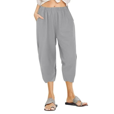 Kopltyrfg Capri Pants for Women 2024 Summer Cotton Linen Cropped Pants Casual Elastic Waist Trousers Palazzo Lounge Pants Light Gray S