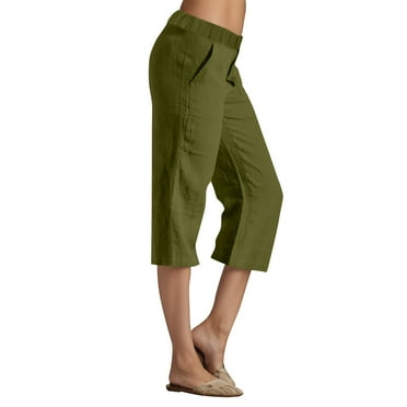 Kopltyrfg Capri Pants for Women Casual 2024 Summer Elastic High Waist Linen Pant with Pockets Straight Wide Leg Cropped Trouser Army Green L