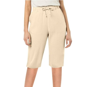 Kopltyrfg Capri Pants for Women Summer Drawstring High Waisted Plus Size Linen Pants Comfy Wide Leg Capris with Pockets 2024 Beige 2XL