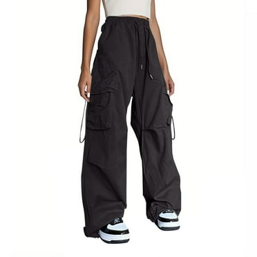 Kopltyrfg Cargo Parachute Pants Women,Y2k Drawstring Straight Leg Cargo Pants,High Waisted Casual Pants with Multi Pockets 2024 Black XL