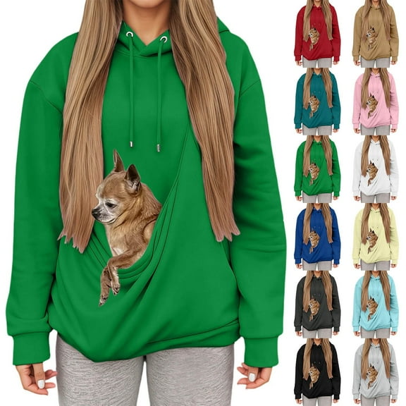 Kopltyrfg Cat Pouch Hoodies for Women Comfy Cat Dog Pouch Pullover Front Carry Pouch Cat Dogpouch Sweatshirts with Large Pocket (Dark Green,2XL)