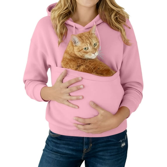 Kopltyrfg Cat Pouch Hoodies for Women Oversized Cat Dogpouch Sweatshirts Front Carry Pouch Pet Carrier Pullover with Large Pocket (Pink,3XL)