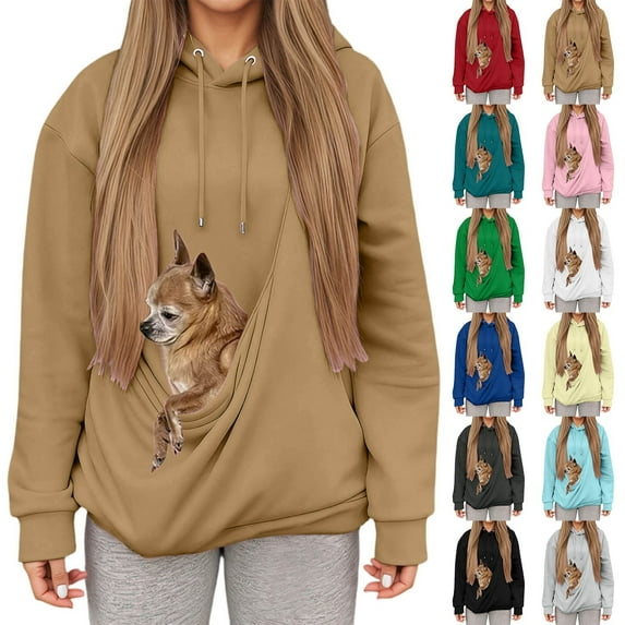 Kopltyrfg Dog Pouch Hoodie Animal Holder Pet Carrier Pullover Front Carry Pouch Kangaroo Pouch Sweatshirts with Large Pocket (Camel,M)