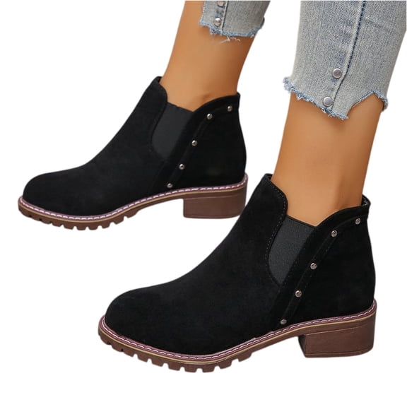 Kopltyrfg Fall Shoes for Women 2025 Ankle Boots Side V Cut Platform Chunky Heels Short Booties with Zipper Suede Round Toe Low Heel Comfortable Walking Non Slip Boot Low-top Loafer (Black,41)