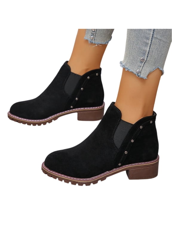 Fall Shoes for Women 2025 Ankle Boots Side V Cut Platform Chunky Heels Short Booties with Zipper Suede Round Toe Low Heel Comfortable Walking Non Slip Boot Low-top Loafer (Black,37)