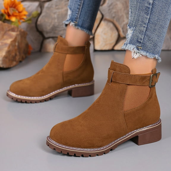 Kopltyrfg Fall Shoes for Women 2025 Ankle Boots Side V Cut Platform Chunky Heels Short Booties with Zipper Suede Round Toe Low Heel Comfortable Walking Non Slip Boot Low-top Loafer (Brown,41)
