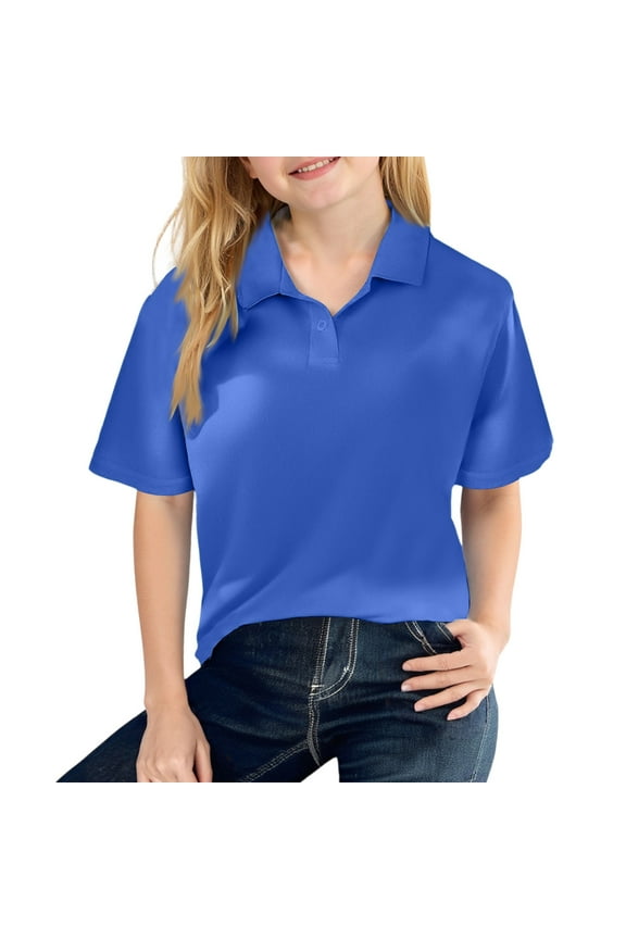 Girls Polo Uniform Shirt Solid Color Short Sleeve Blouse Lightweight Button Fall Soft School Uniform Royal Blue 8-9 Years