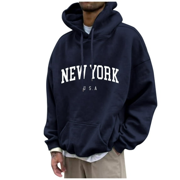 Kopltyrfg Graphic Hoodies for Men Oversized Pullover Letter Print Long Sleeve Casual New York Sweatshirt with Pocket Navy 4XL