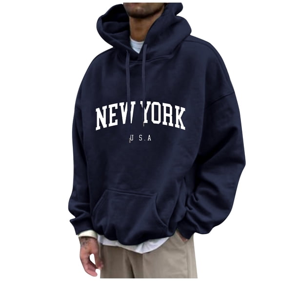 Kopltyrfg Graphic Hoodies for Men Oversized Pullover Letter Print Long Sleeve Casual New York Sweatshirt with Pocket Navy XL