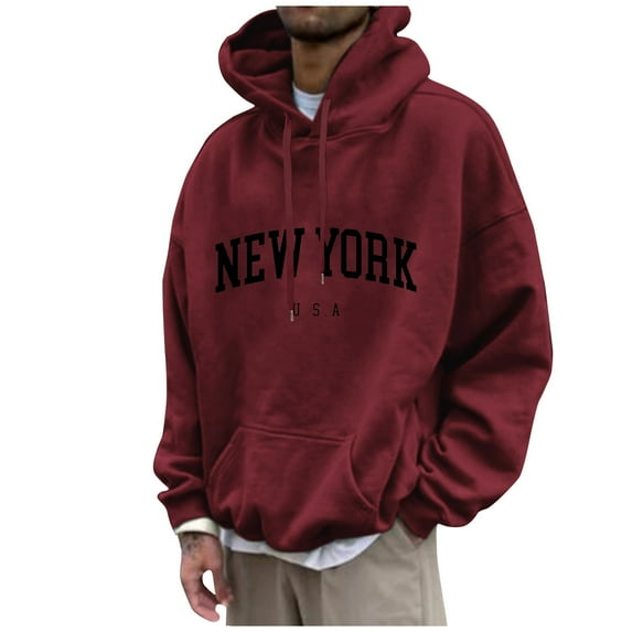 Kopltyrfg Graphic Hoodies for Men Oversized Pullover Letter Print Long Sleeve Casual New York Sweatshirt with Pocket Wine XL