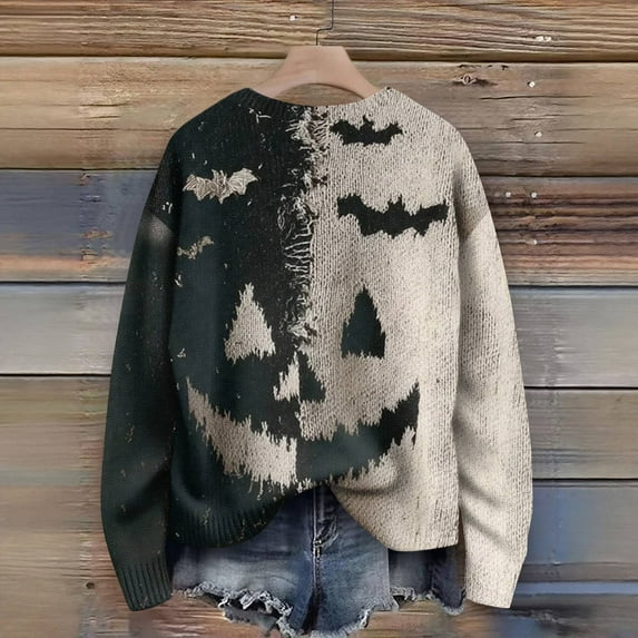 Kopltyrfg Halloween Sweater Men Crew Neck Long Sleeves Patchwork Vintage Casual Pullover Stitched Print Spooky Pumpkin Face Cozy Sweatshirt White L