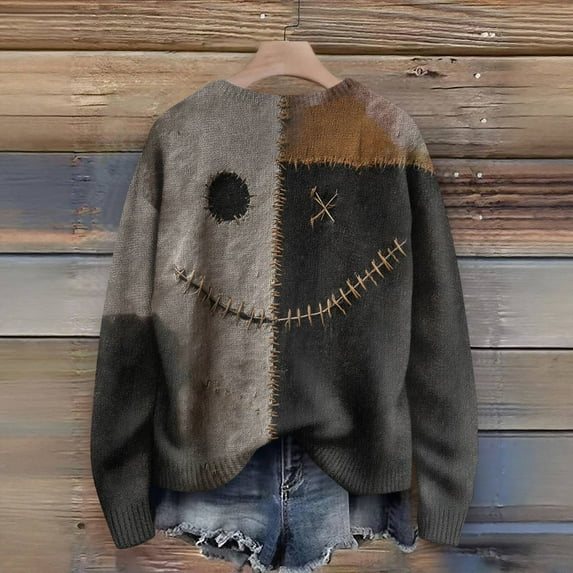 Kopltyrfg Halloween Sweater Men Crew Neck Long Sleeves Stitched Print Casual Sweatshirt Spooky Pumpkin Face Patchwork Vintage Warm Hoodie Gray M